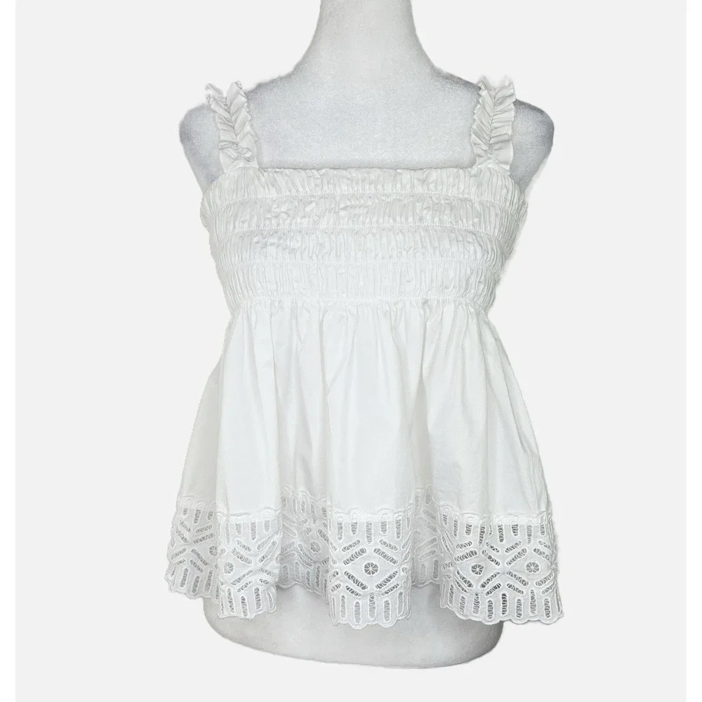 TORY BURCH White Smocked Lace Eyelet Ruffle‎ Boho Coastal Cowgirl Baby Doll Sz 8
